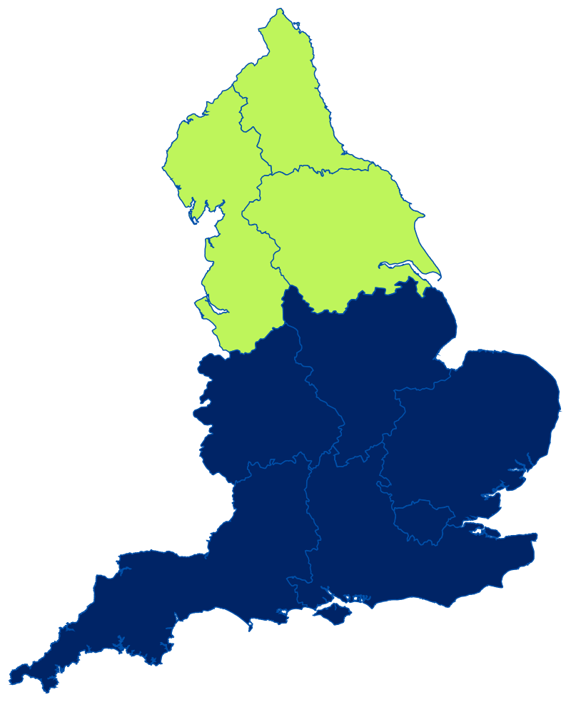 england map with the north highlighted